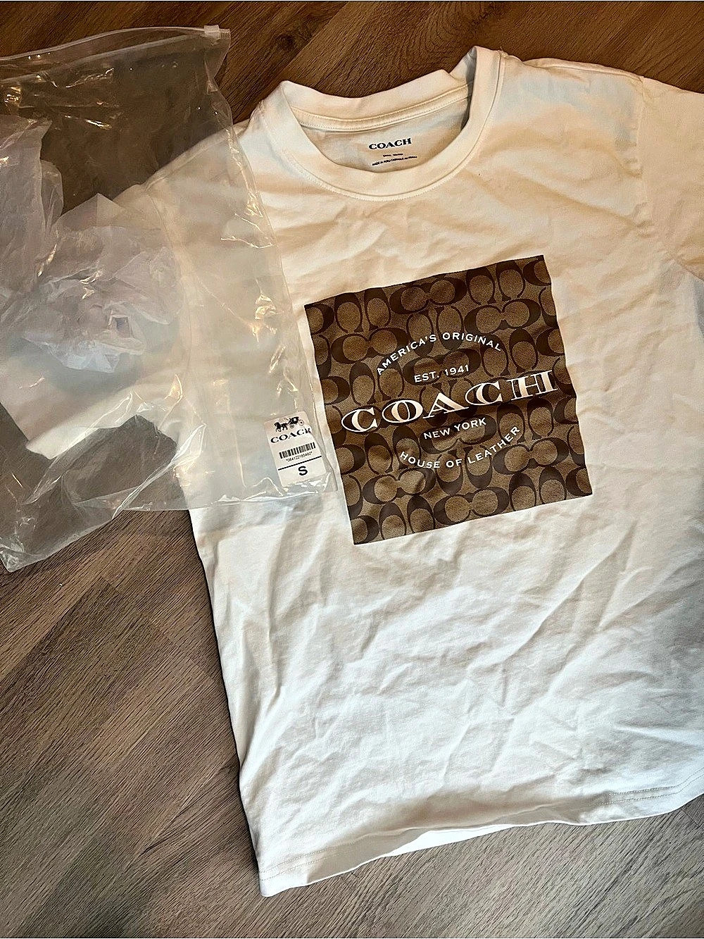 Used Coach Signature Square T-Shirt Graphic Tee White & Brown Small